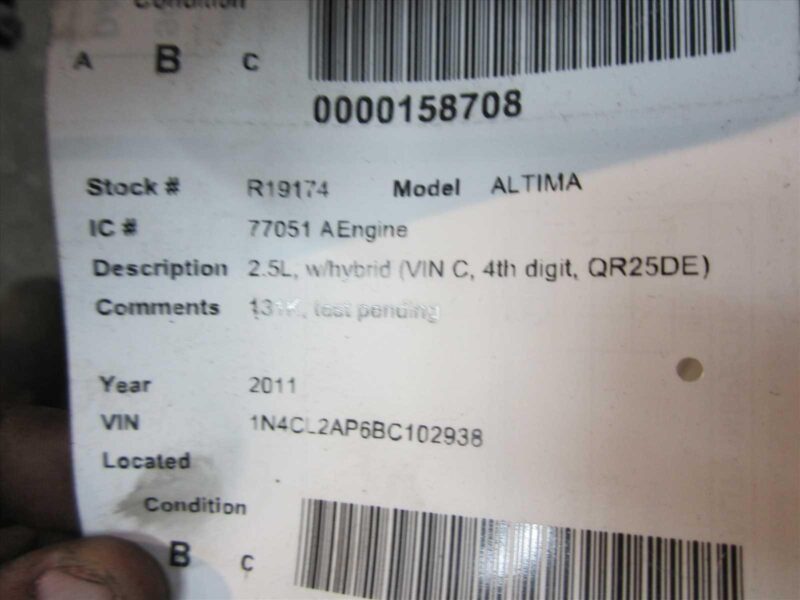 2011 Nissan Altima Engine Assembly - Image 7